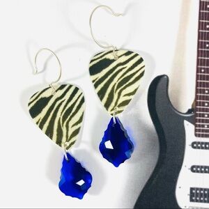 Killer zebra guitar pick earrings blue crystals